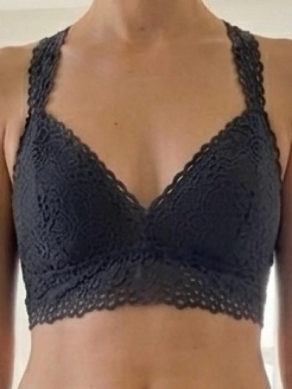 Aerie Black Floral Lace Racerback Bralette Boho Unlined Triangle Bralet Sz M EUC